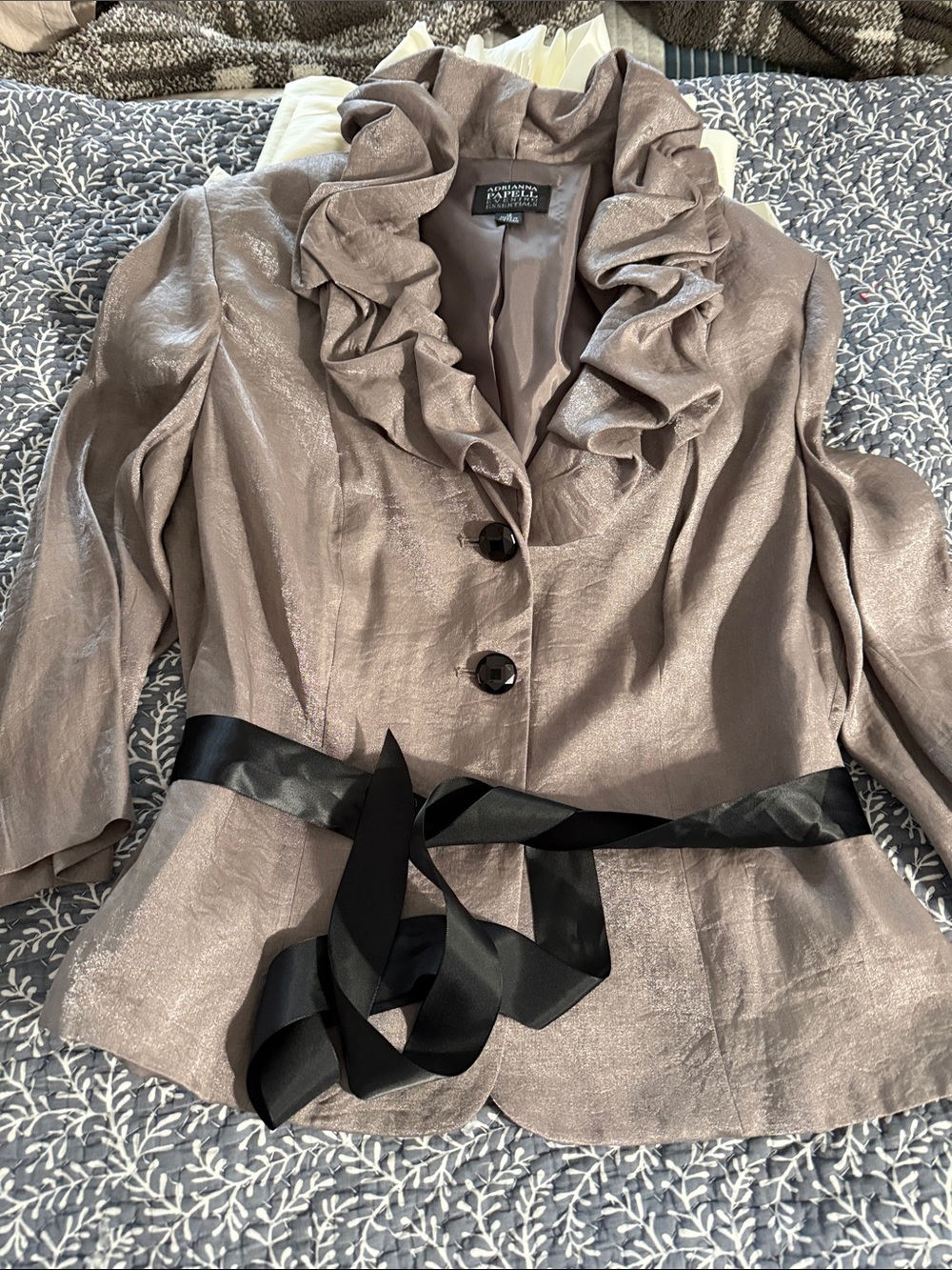 Adrianna Papell Metallic Taupe Ruffle Collar Jacket with Black Satin Tie